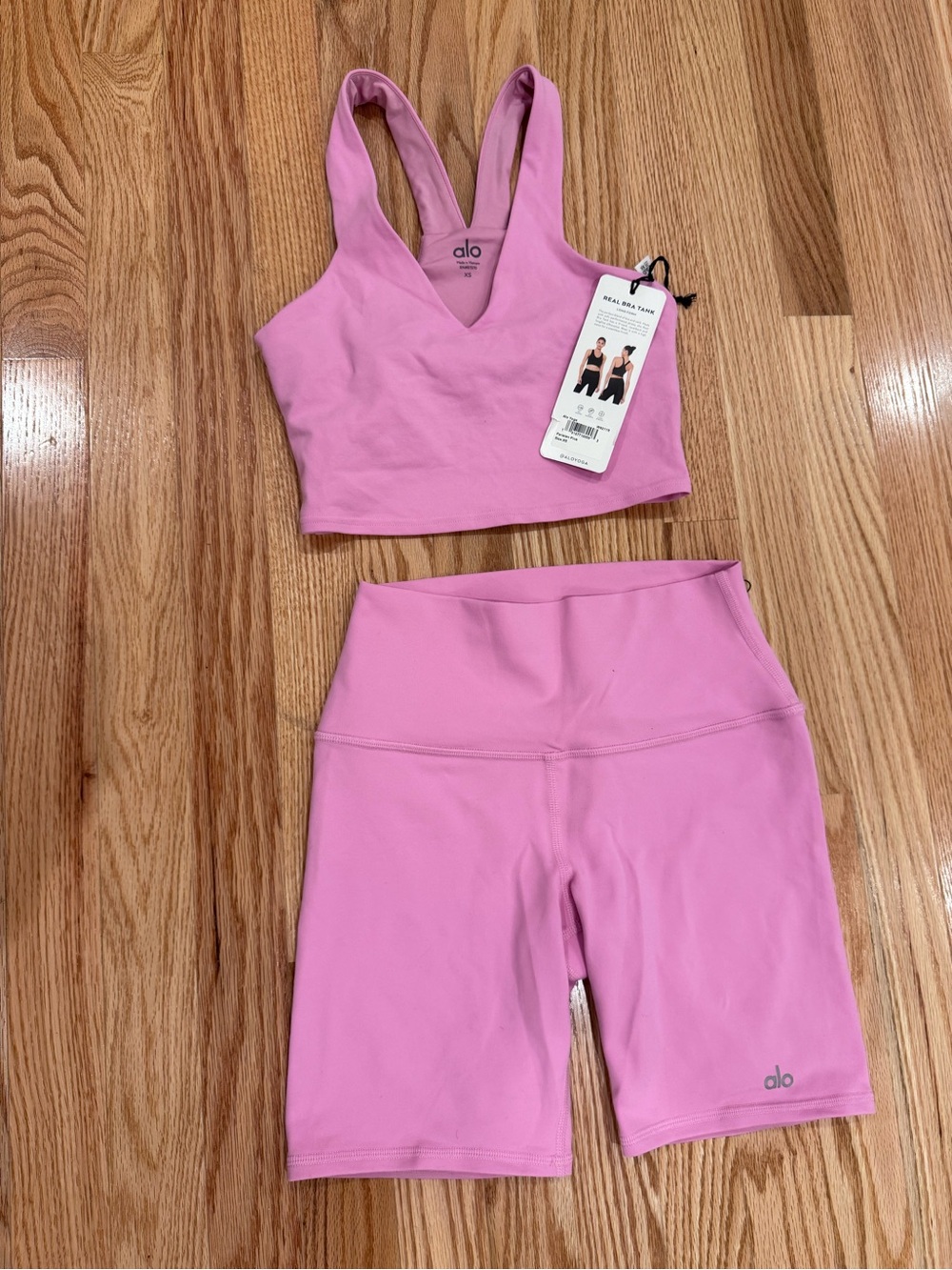 ALO Yoga High-Waist Bike Shorts and Real Bra V-neck Tank in Parisian Pink